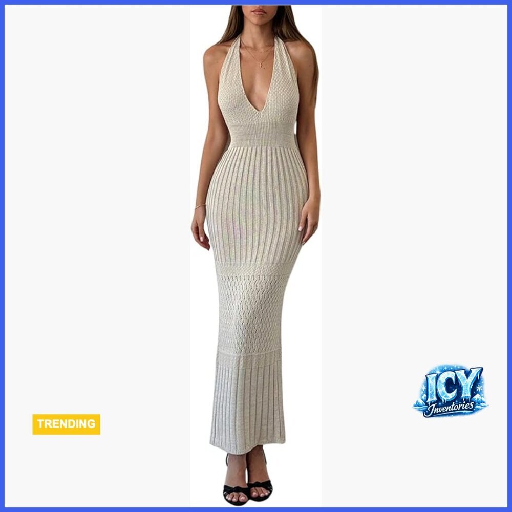 Crochet Knit Halter Dress Deep V Neck Backless Bodycon Long Dress